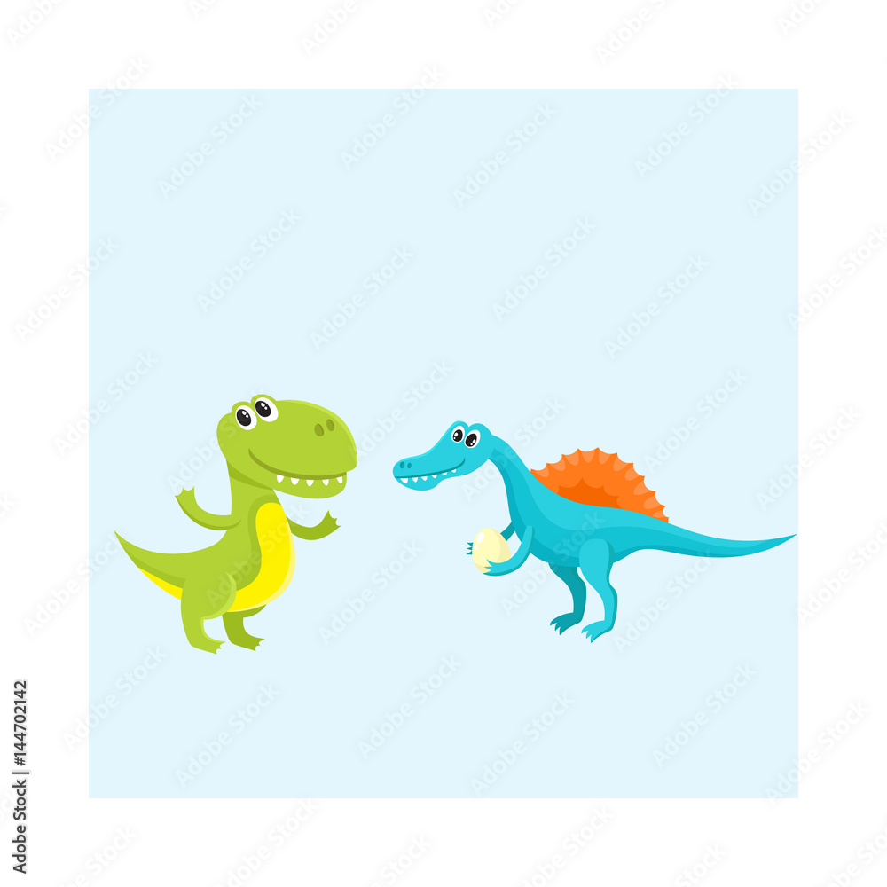 Obraz premium Two cute and funny baby dinosaur characters - spinosaurus and tyrannosaurus, cartoon vector illustration isolated on white background. Happy smiling spinosaurus and T-rex dinosaur characters