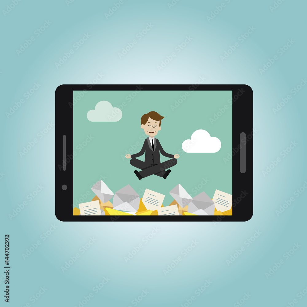 Businessman or manager has a lot of emails but keep calm doing yoga in lotus pose. Job is finished successfull. Businessman or manager has a lot of emails but keep calm doing yoga in lotus pose. Job is finished successfull.