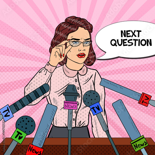 Confident Woman Giving Press Conference. Mass Media Interview. Pop Art Vector illustration