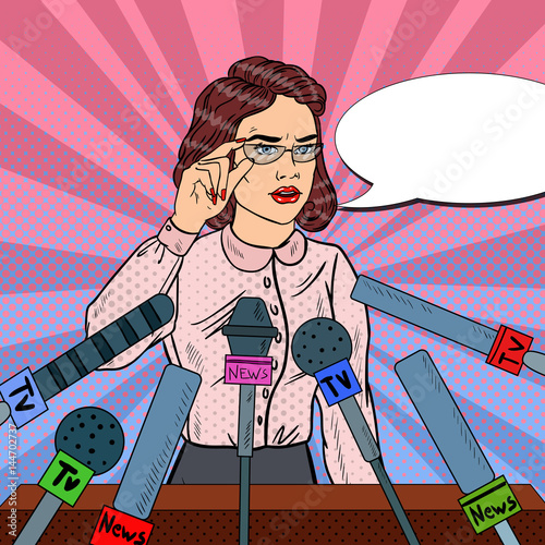 Confident Woman Answering Questions on Press Conference. Mass Media Interview. Pop Art Vector illustration