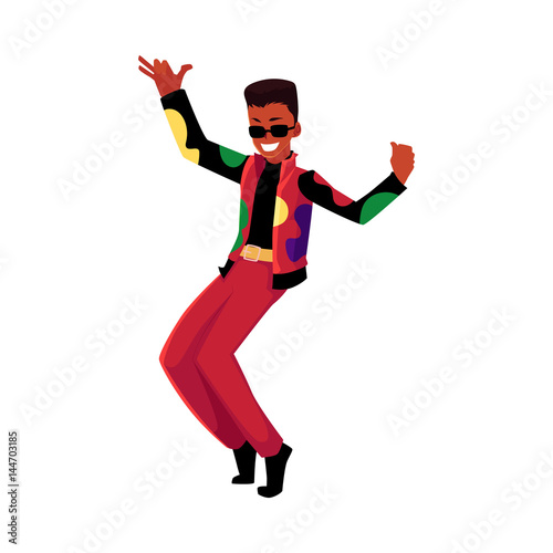Black, African American man, guy in 1980s style clothes dancing disco, cartoon vector illustration isolated on white background. Black man in 80s style clothing dancing at retro disco party