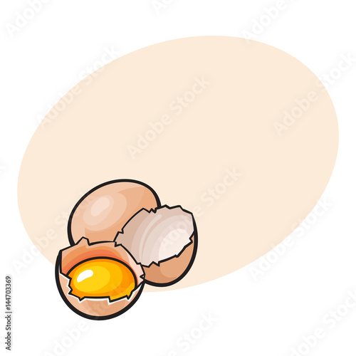 Whole and cracked, broken chicken egg with yolk inside, sketch style vector illustration with space for textHand drawn, sketched raw, uncooked chicken eggs, whole and broken