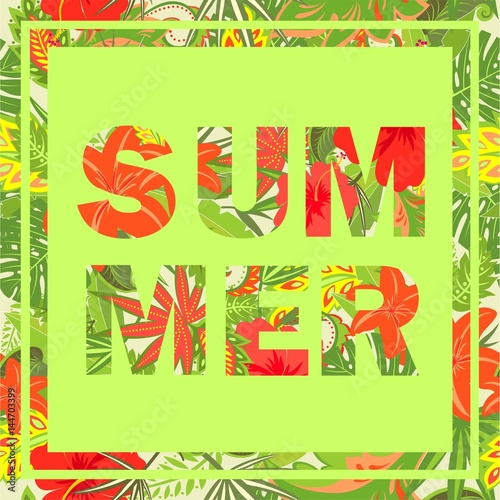 T-shirt print with summer lettering with tropical flowers