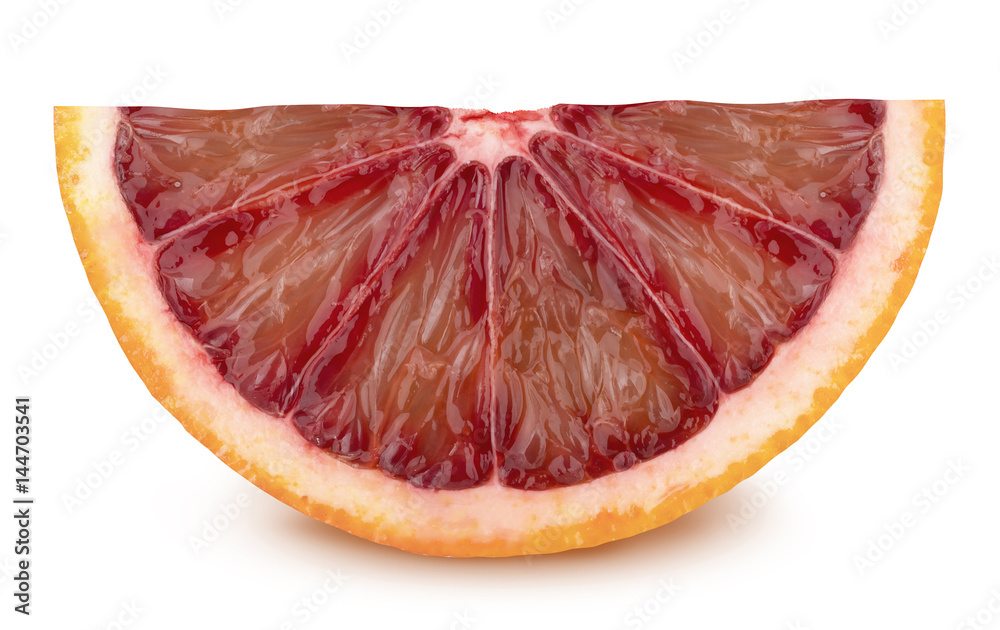 Slice of bloody orange with leaf isolated on white background