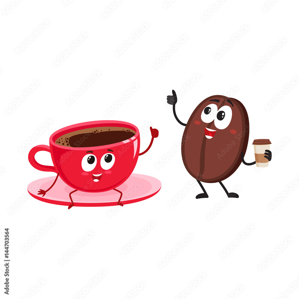 Funny coffee bean and espresso cup characters showing thumb up, cartoon vector illustration isolated on white background. Coffee bean with paper coffee cup and espresso, americano characters, mascots Funny coffee bean and espresso cup characters showing thumb up, cartoon vector illustration isolated on white background. Coffee bean with paper coffee cup and espresso, americano characters, mascots