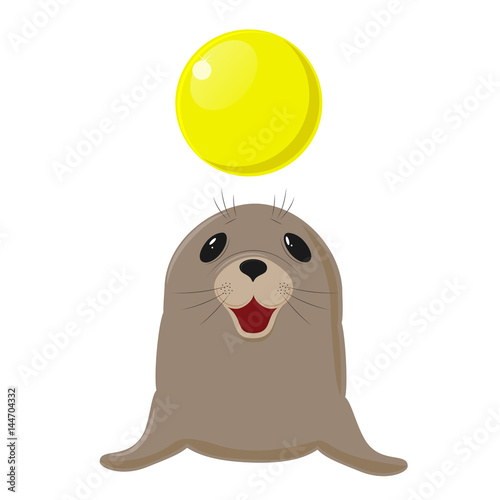Fur seal. Circus show with animals. Sea dog plays with a yellow ball.