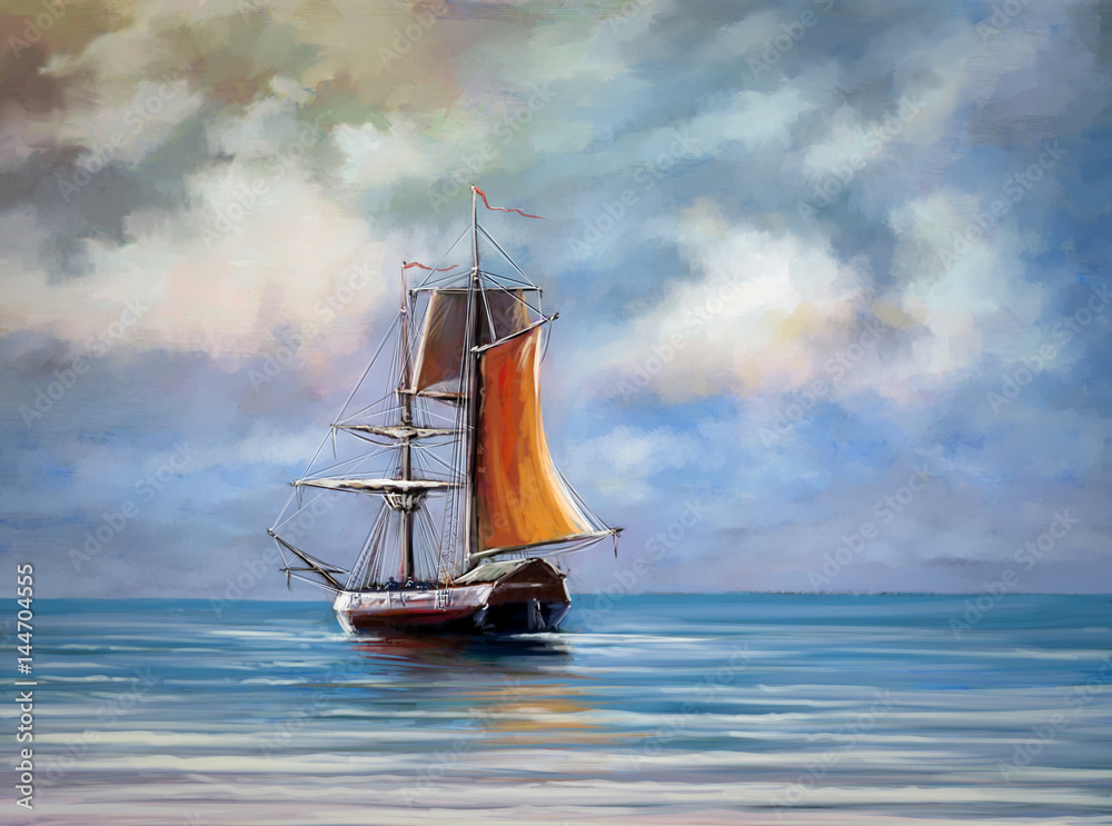 Fototapeta premium Ship, sea. Landscape. Oil digital paintings.