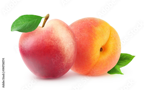 Isolated fruits. Whole peach and nectarine with leaves isolated on white background with clipping path