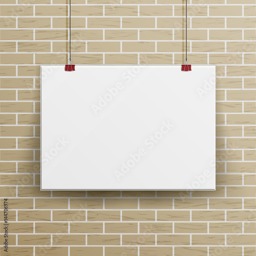 White Blank Paper Wall Poster Mock up Template Vector. Realistic Illustration. Brick Wall.