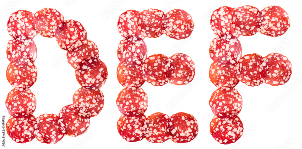 Alphabet of salami sausage, isolated on white Alphabet of salami sausage, isolated on white