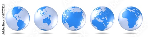 Set of blue globes. Five continents in different ways. America, Asia, Australia, Europe, Africa. 