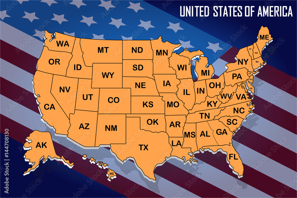 poster map of united states of america with state names on the flag background orange print map of usa for t shirt poster or geographic themes vector illustration stock vector adobe stock