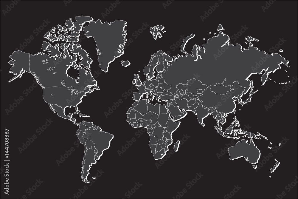 Political world map with shadow isolated on gray background, vector ...