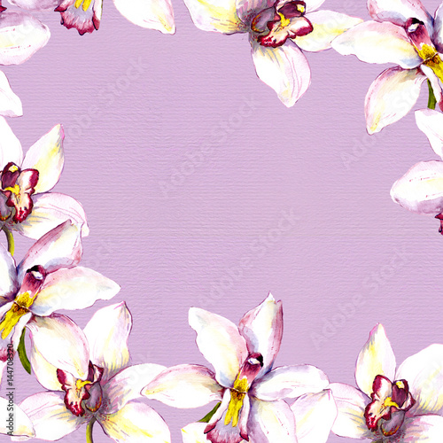Floral background - white orchid flowers on violet paper texture. Hand painted aquarelle drawing