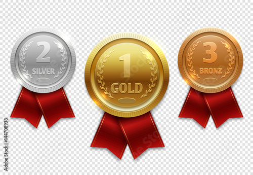 Champion gold, silver and bronze award medals with red ribbons