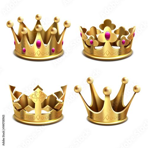 Gold 3d crown vector set. Royal monarchy and kings attributes