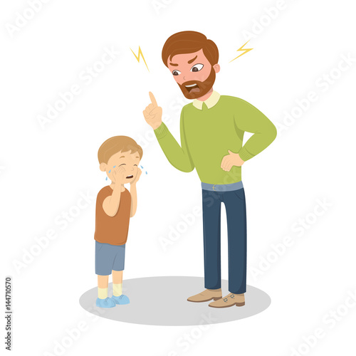 Father abuse the son. Angry dad yells at little scared kid. Characters on white background. Children's abusing.
