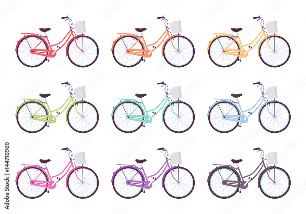 Fototapeta premium Set of female bicycles in different colors