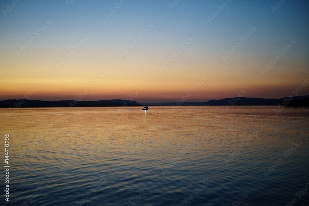 D, Baden-Württemberg, Bodensee, Abendstimmung am Überlinger See mit Fährboot