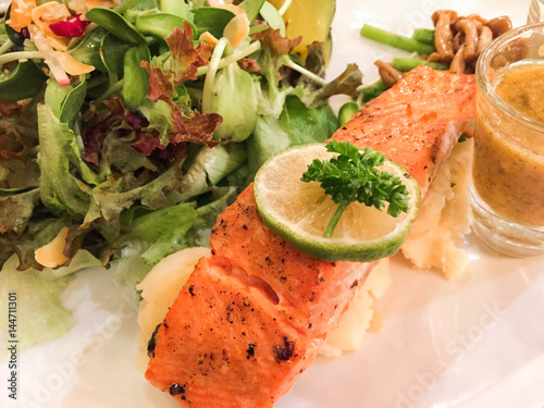 Grilled Salmon with Fresh Salad.soft focus