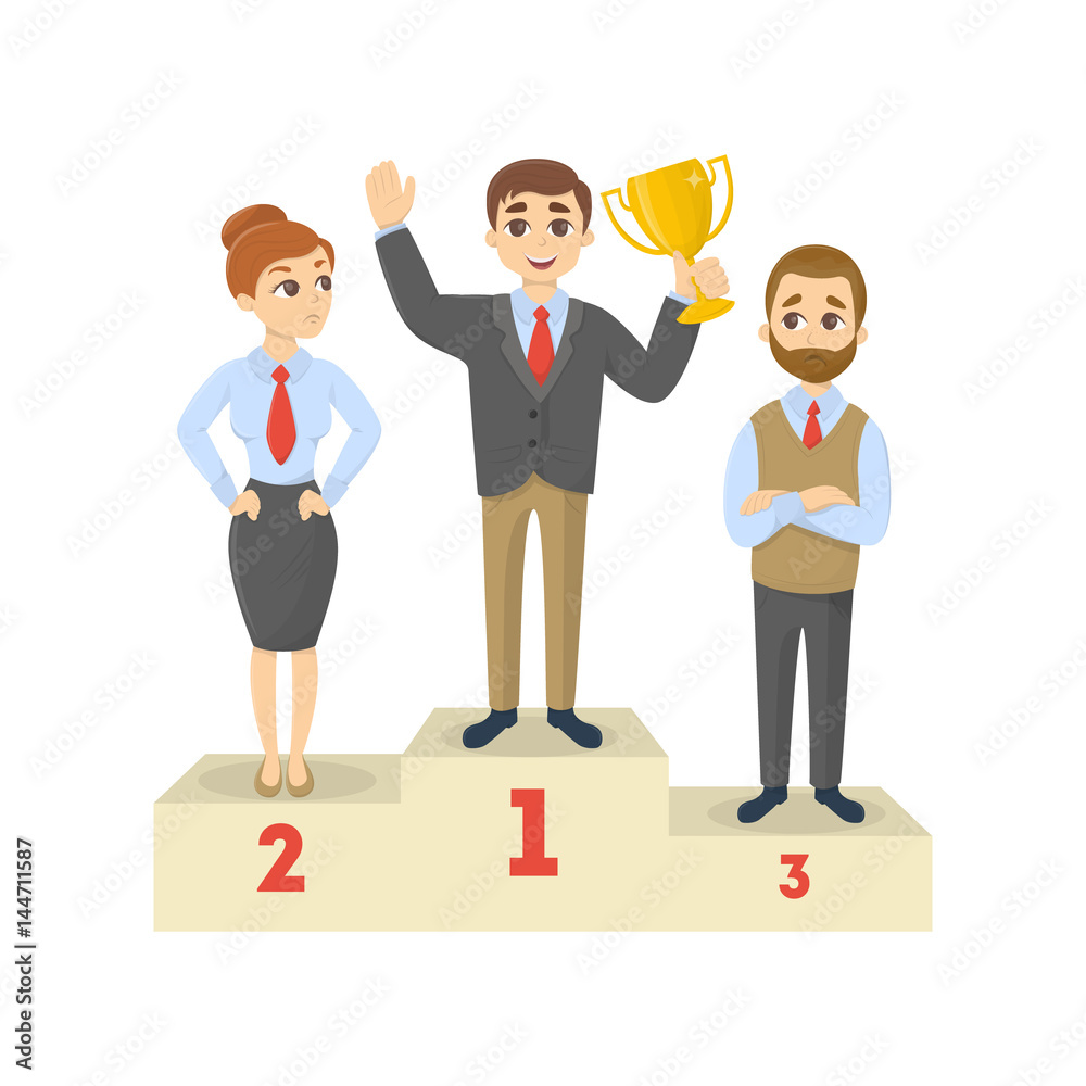 Businessmen on pedestal. Isolated character on white background. Man is first with golden cup. Businessmen on pedestal. Isolated character on white background. Man is first with golden cup.