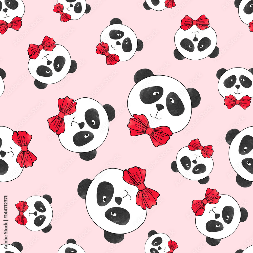 Seamless cartoon panda pattern on pink. Vector illustration with cute watercolor bears.