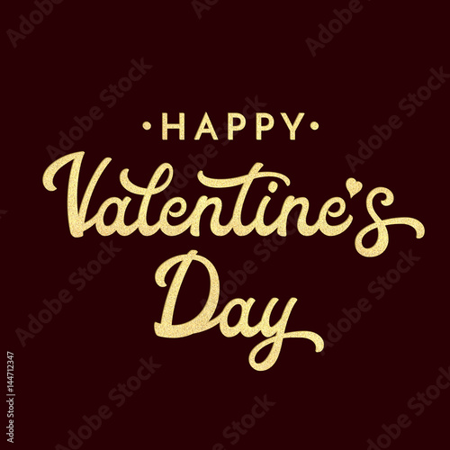 Happy Valentines day. Glitter textured lettering inscription on dark brown background. Celebrating text for greeting cards or banner design. Font vector illustration.