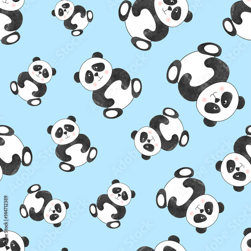 Fototapeta Naklejka Na Ścianę i Meble -  Seamless cute cartoon panda pattern on blue. Vector background.