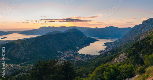 Bay of Kotor with bird s-eye view. The town of Kotor  Muo  Prcanj  Tivat. View of the mountains  sea  clouds