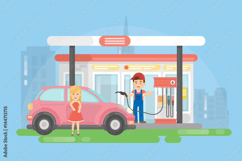 Urban gas station. Man in uniform helps young woman in red dress.