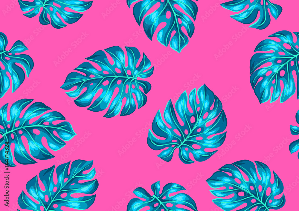 Obraz premium Seamless pattern with monstera leaves. Decorative image of tropical foliage