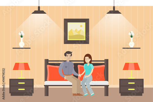 People in hotel room. Young couple with luggage.