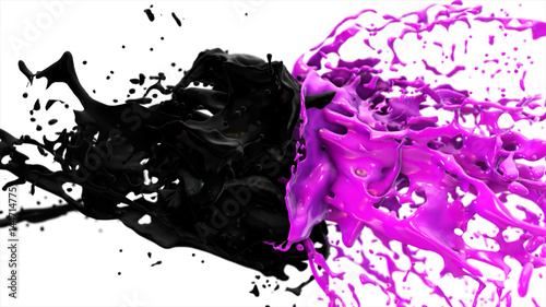 Purple and black liquids collide  drops splatter fly to the sides on a white isolated background
