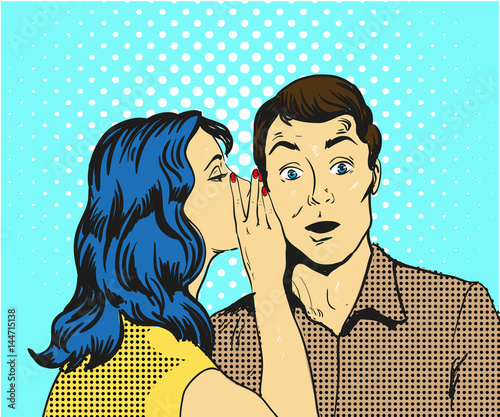 Man and woman whisper pop art vector illustration