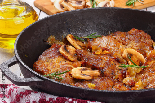 classic pork stew with onion, mushrooms