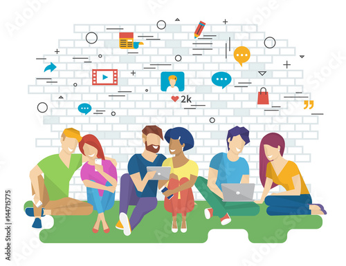 Community vector illustration of young people using gadgets such as smartphone, tablet and laptop sitting on floor and talking as part of community. Flat design of internet addiction and communication