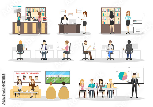 Office interior set. Isolated icons on white background.