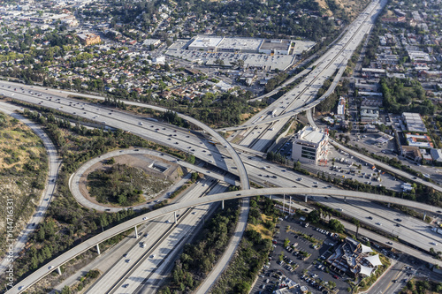 Aerial view of Ventura 134 and Glendale 2 freeway interchange in the Eagle Rock neighborhood of Los Angeles, California.  