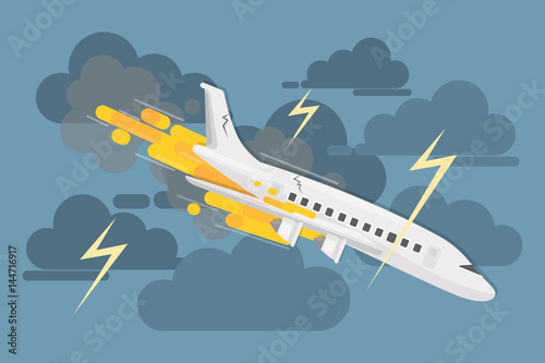 Airplane crash in clouds. Dangerous catastrophy with flame.