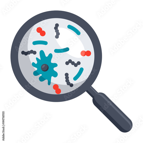 Scientific research concept with magnifying glass and microbe, vector illustration in flat style