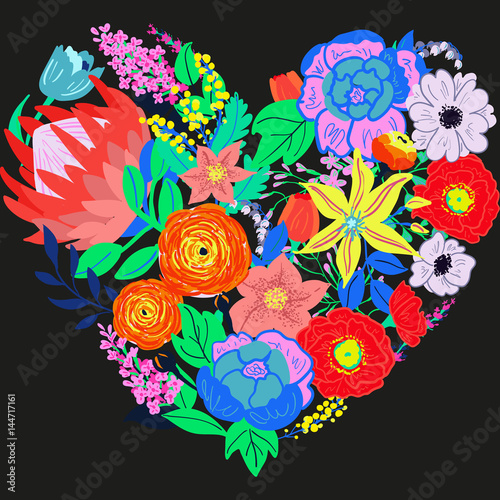 Vector rustic flowers composition. Bright spring flowers bouquet. Hand drawn vibrant flowers for wedding invtations and greeting cards. photo