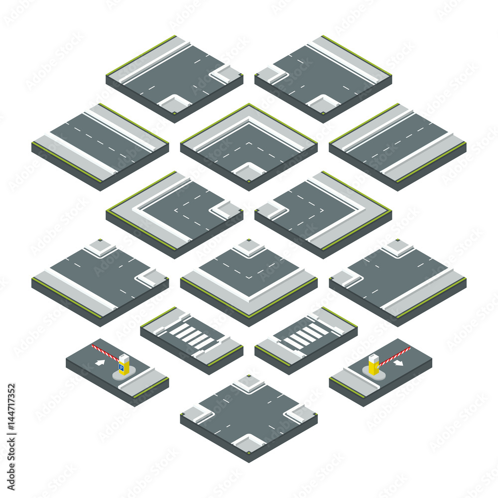 Isometric city elements road, grass and crossroads. Vector illustrations set isolate on white background Isometric city elements road, grass and crossroads. Vector illustrations set isolate on white background