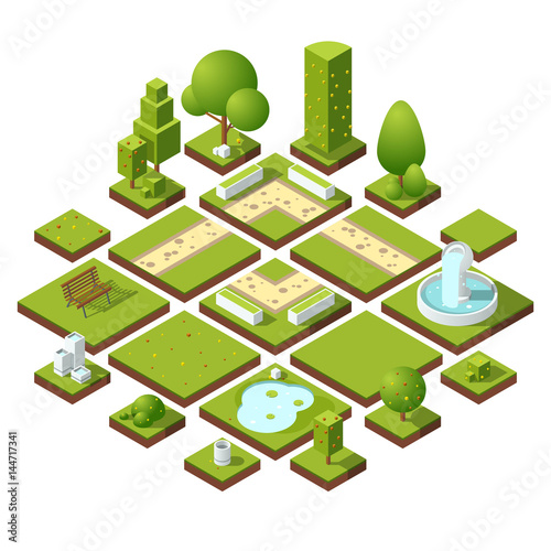 Isometric urban elements and garden decoration. Benches, fountain trees and bushes. Vector illustration set