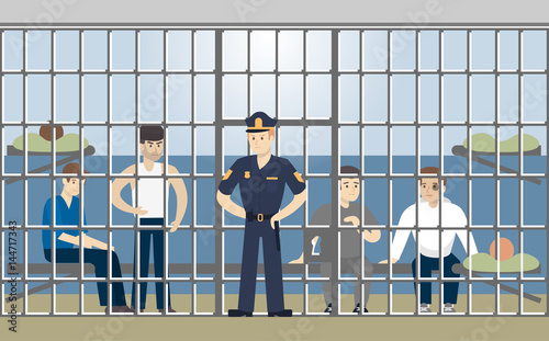 Jail in police building. Guilty people in cell.