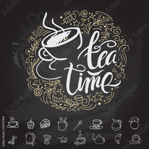 Tea time Hipster Vintage Stylized Lettering. Vector Illustration