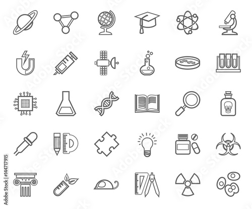 Science, icons, outline drawing, monochrome, vector. Linear, single-color icons on white background. Different types of scientific activities. Vector clip art. 
