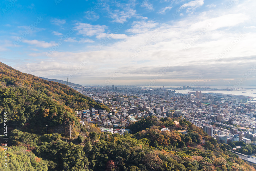 Aerial view of Kobe city in the autumn.