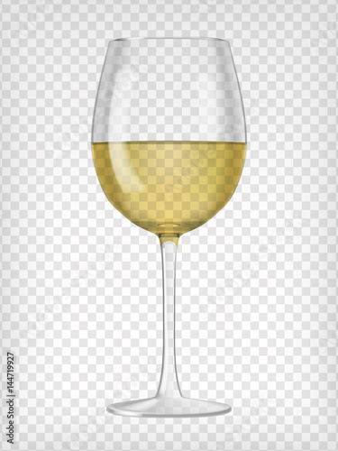 Realistic transparent glass filled with white wine