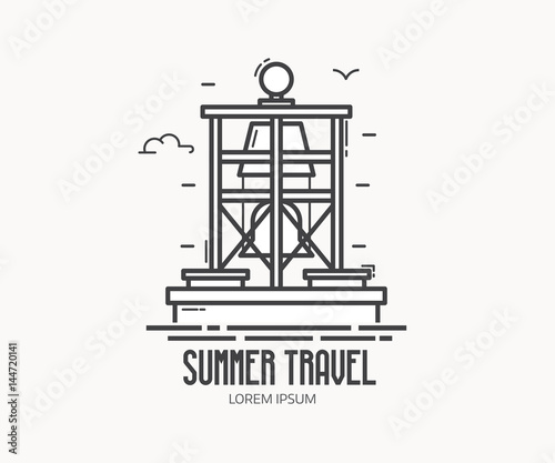 Summer travel agency logo or label template with marine lateral mark in linear style. Floating bell buoy logotype in thin line design. Sea navigation marker outline icon.
