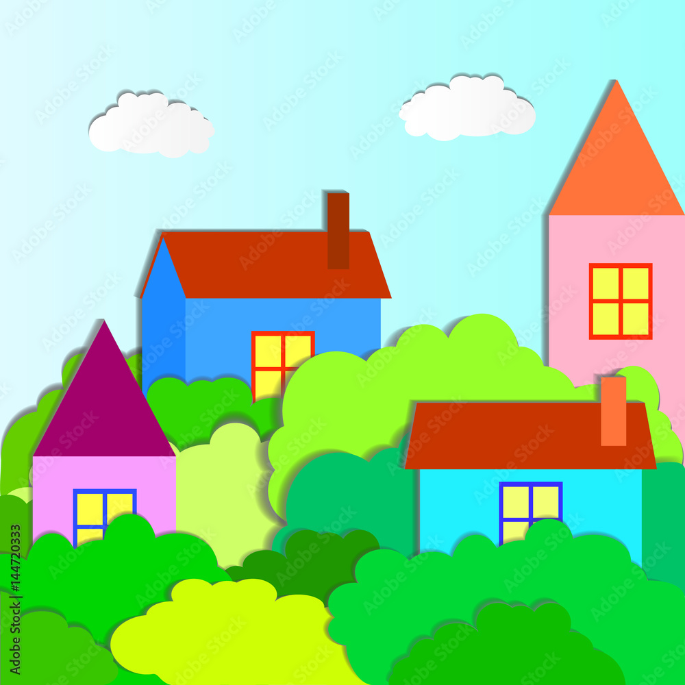 Colorful little town with green plants .Vector paper-art